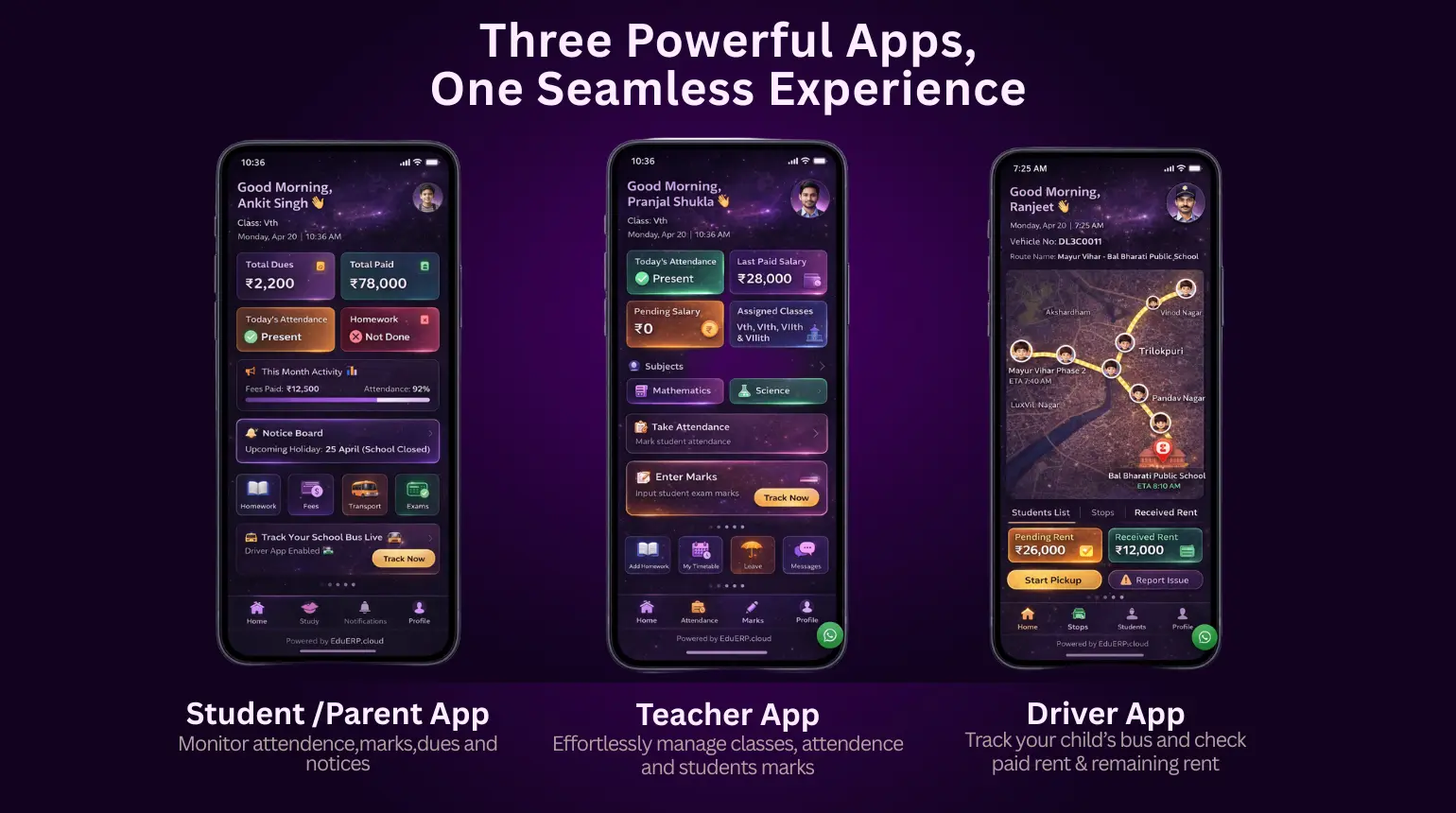 eduerp.cloud Three apps for student, teacher and transport
